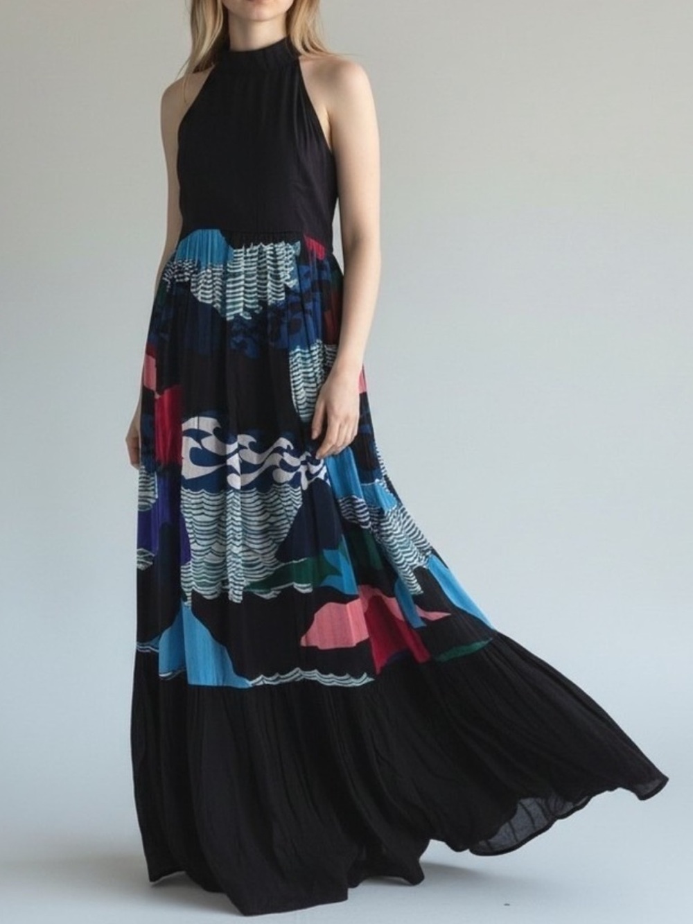 NEW Oliphant Silk Blend High Neck Maxi Dress Pacifica Black NWT. G55